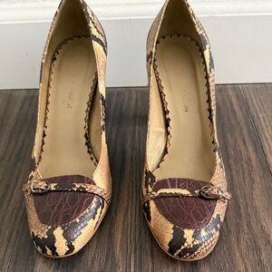 Snake-Print Brown Mid Heel Pumps
